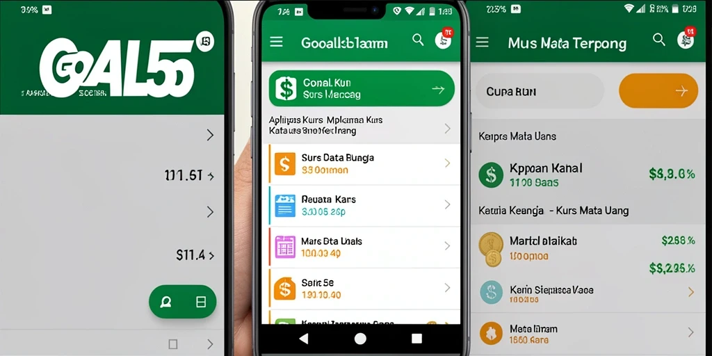 Screenshot aplikasi GOAL55 menampilkan antarmuka pengguna dengan data Kurs Mata Uang.