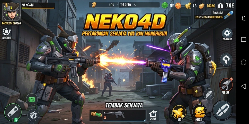 Antarmuka NEKO4D menampilkan aksi tembak menembak yang seru dan mendebarkan.