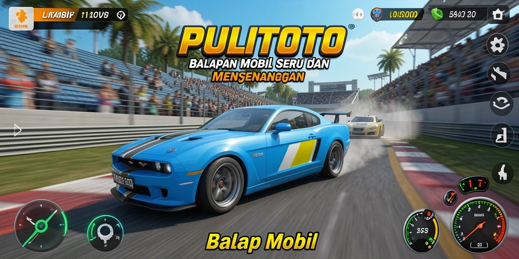 Tampilan balapan seru dengan mobil dan trek yang menarik.